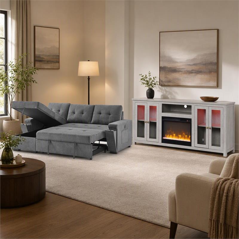 Pemberly Row 2-Piece Set of Sleeper Sectional Sofa & TV Stand with Fireplace