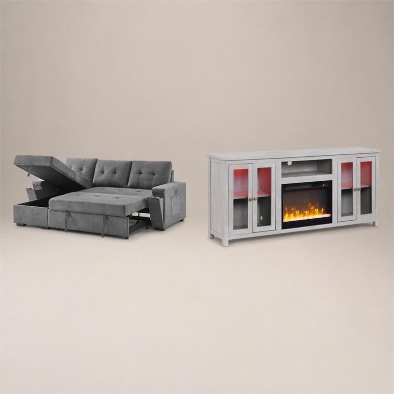 Pemberly Row 2-Piece Set of Sleeper Sectional Sofa & TV Stand with Fireplace