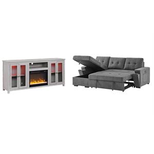 Pemberly Row 2-Piece Set of Sleeper Sectional Sofa & TV Stand with Fireplace