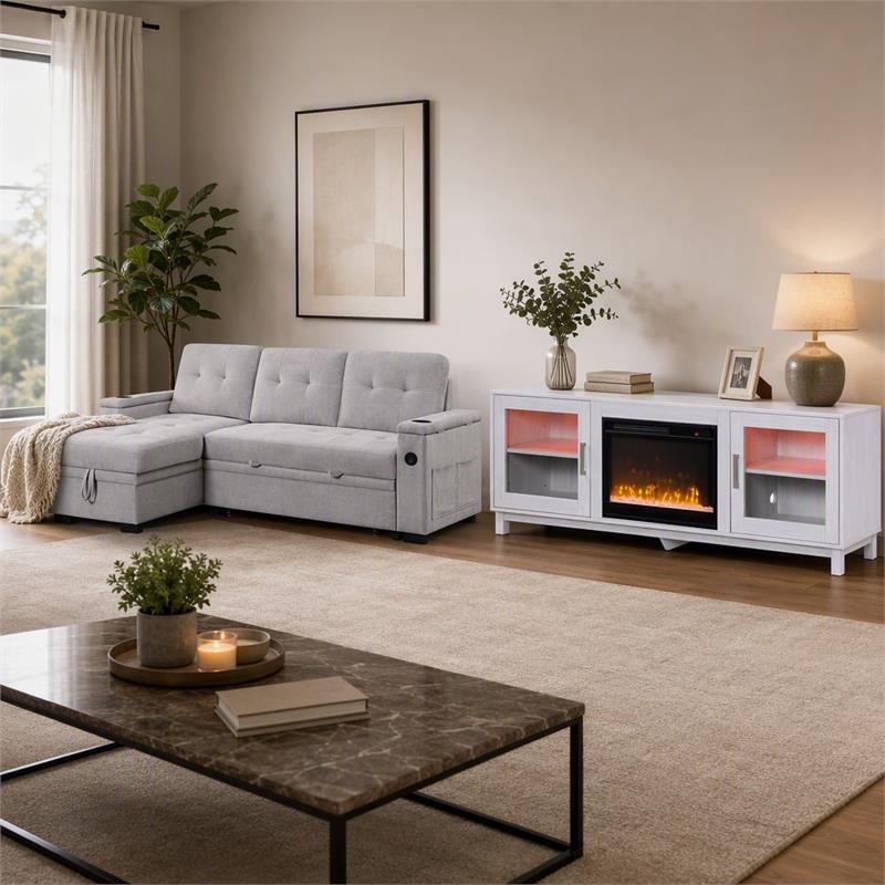 Pemberly Row 2Pc Set of Sleeper Sectional Sofa and TV Stand with Fireplace