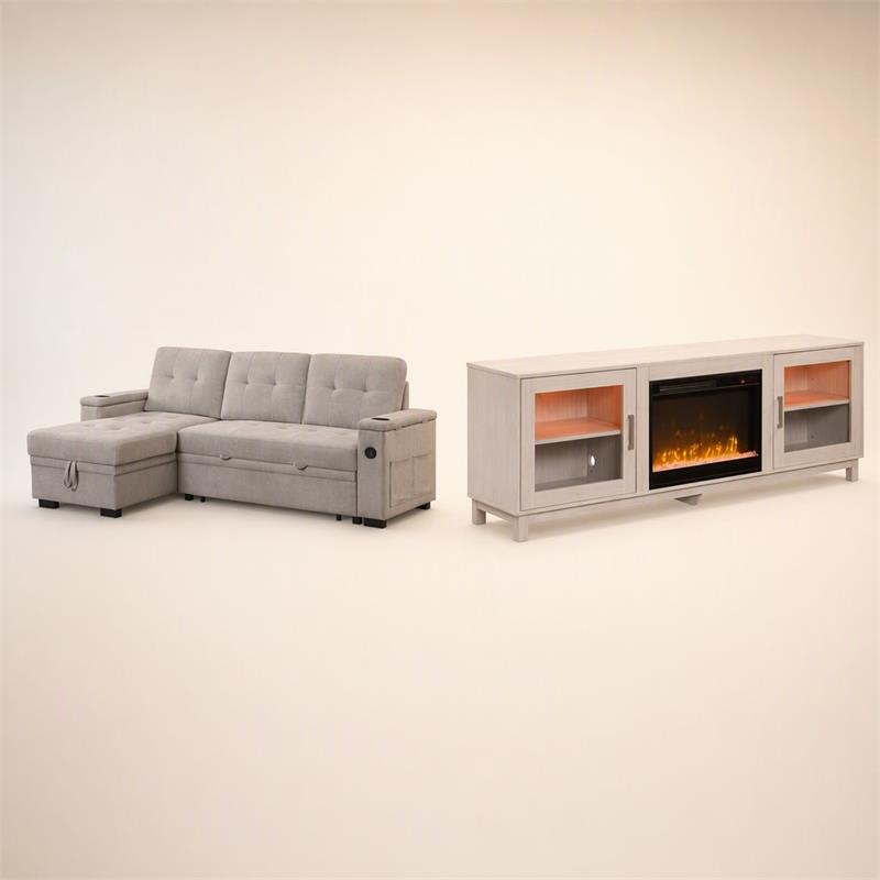 Pemberly Row 2Pc Set of Sleeper Sectional Sofa and TV Stand with Fireplace