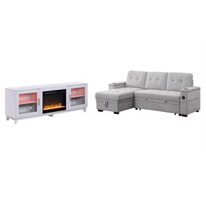 Pemberly Row 2Pc Set of Sleeper Sectional Sofa and TV Stand with Fireplace