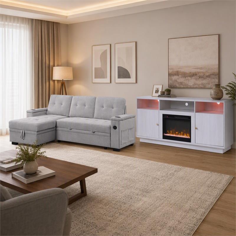 Pemberly Row 2Pc Set of Sleeper Sectional Sofa and TV Stand with Fireplace