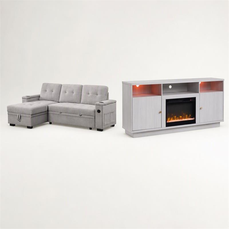 Pemberly Row 2Pc Set of Sleeper Sectional Sofa and TV Stand with Fireplace