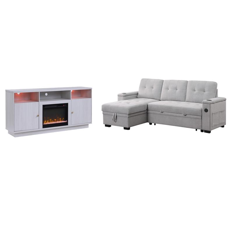 Pemberly Row 2Pc Set of Sleeper Sectional Sofa and TV Stand with Fireplace