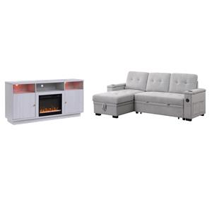 Pemberly Row 2Pc Set of Sleeper Sectional Sofa and TV Stand with Fireplace