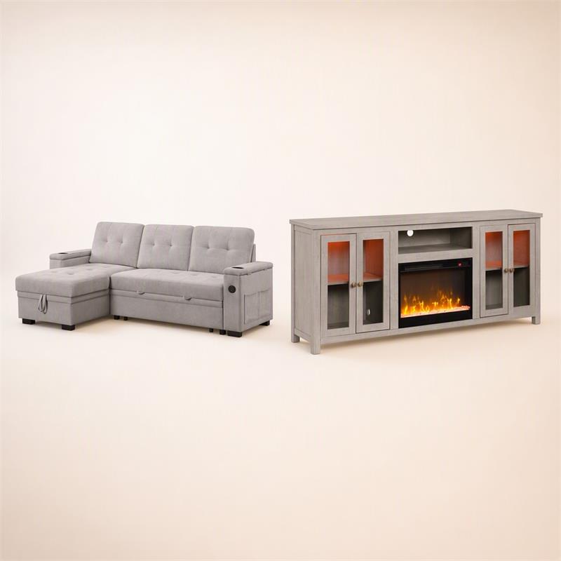 Pemberly Row 2Pc Set of Sleeper Sectional Sofa and TV Stand with Fireplace