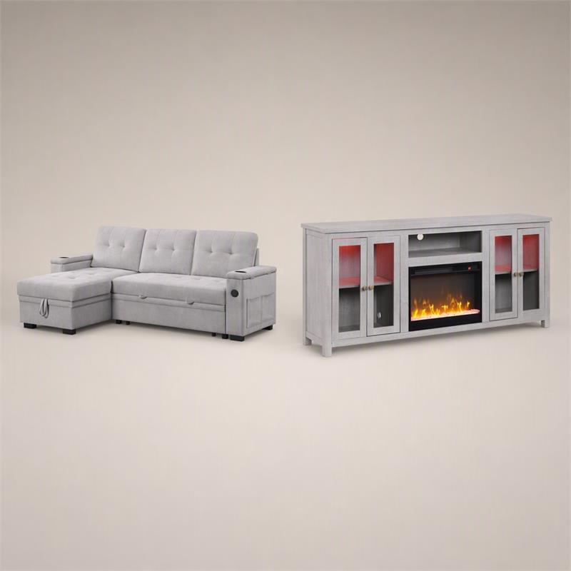 Pemberly Row 2Pc Set of Sleeper Sectional Sofa and TV Stand with Fireplace
