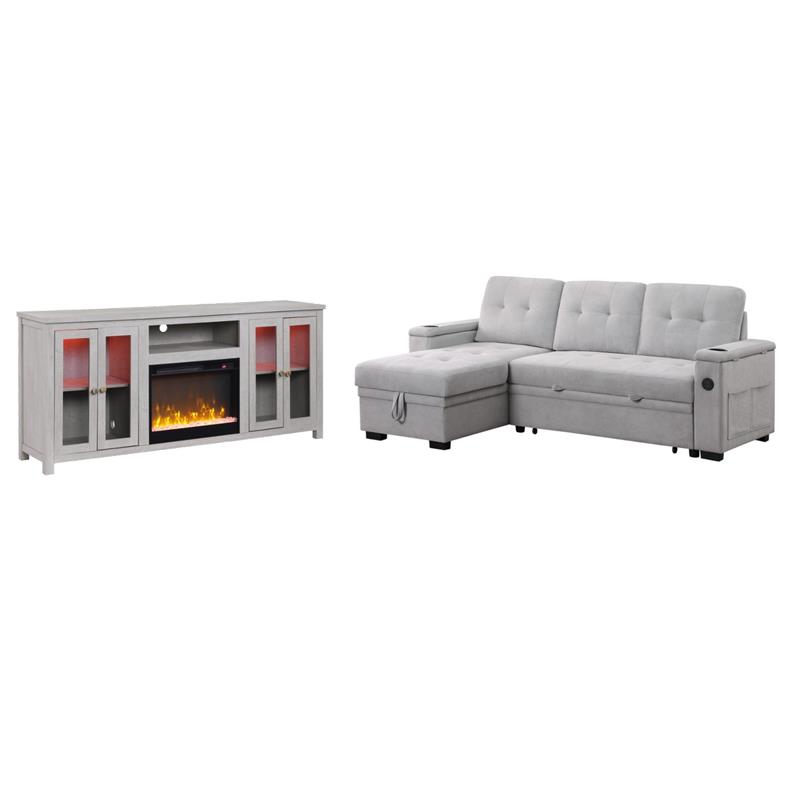 Pemberly Row 2Pc Set of Sleeper Sectional Sofa and TV Stand with Fireplace