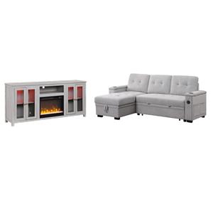 Pemberly Row 2Pc Set of Sleeper Sectional Sofa and TV Stand with Fireplace