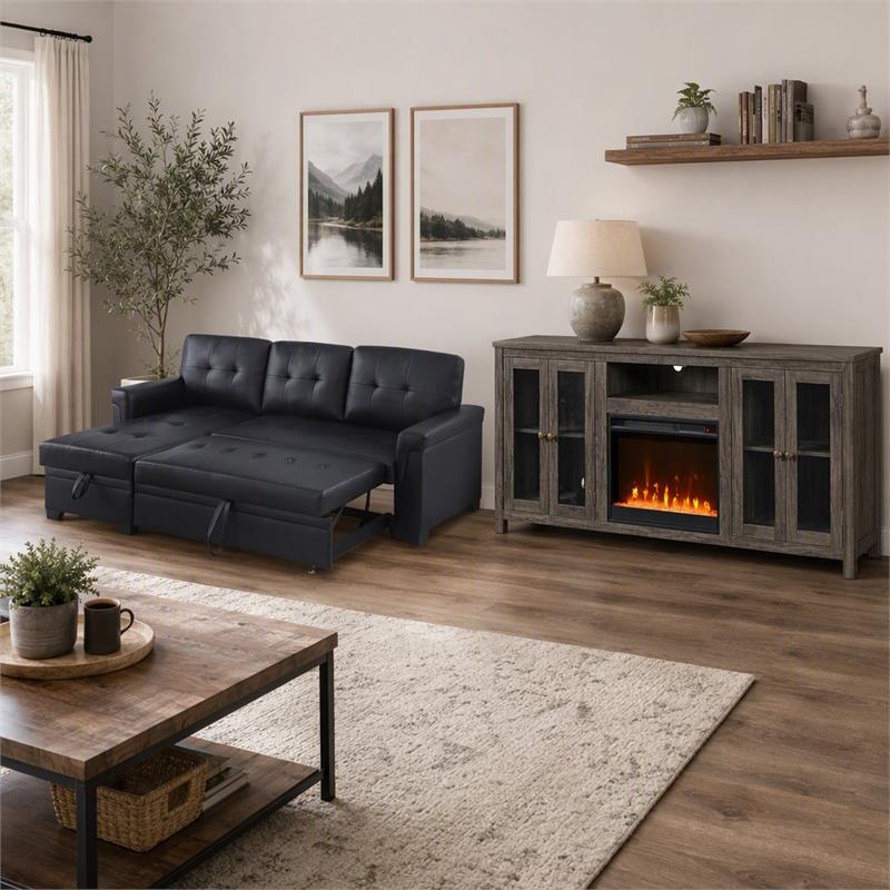 Pemberly Row Living Room Set of 2 Leather Sleeper Sofa and Fireplace TV Console