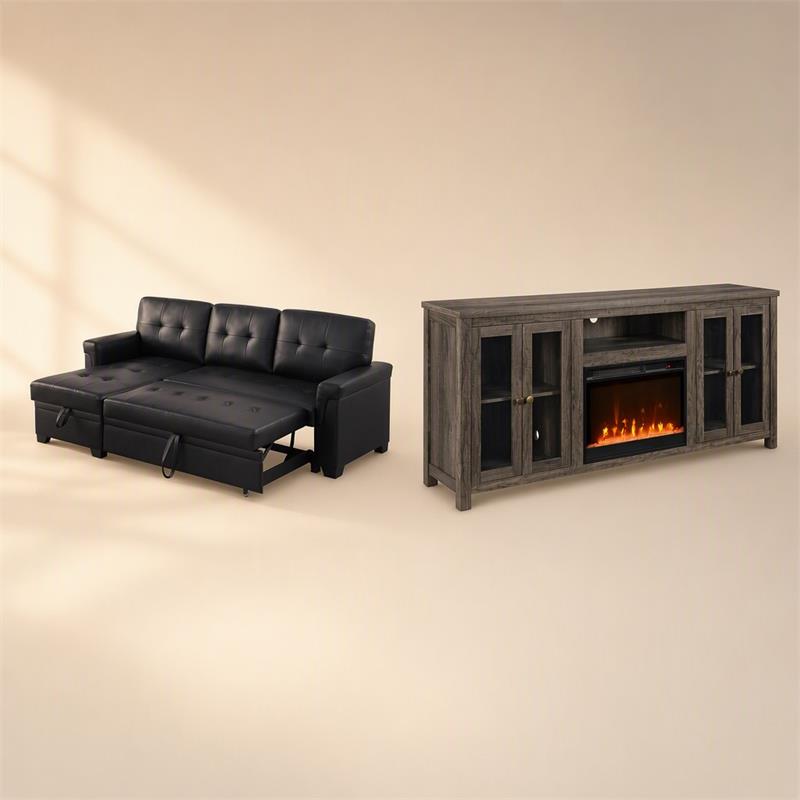 Pemberly Row Living Room Set of 2 Leather Sleeper Sofa and Fireplace TV Console