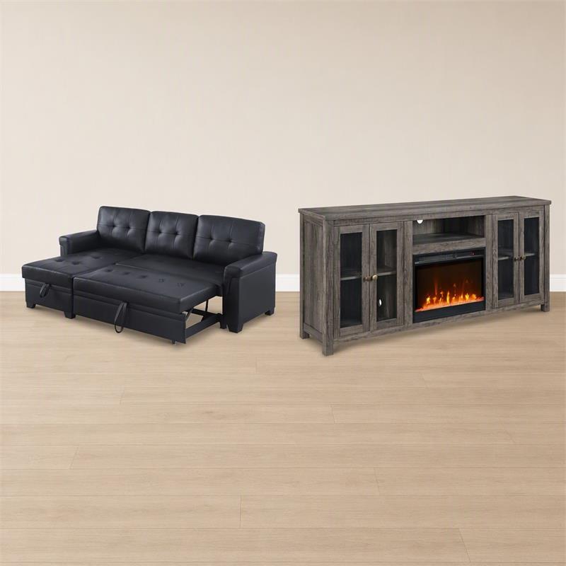 Pemberly Row Living Room Set of 2 Leather Sleeper Sofa and Fireplace TV Console