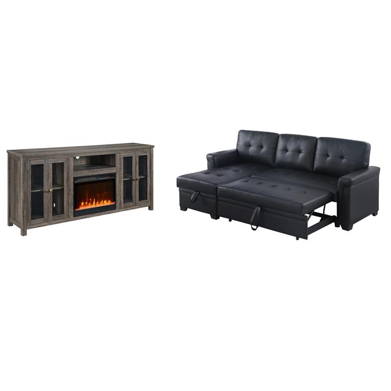 Pemberly Row Living Room Set of 2 Leather Sleeper Sofa and Fireplace TV Console