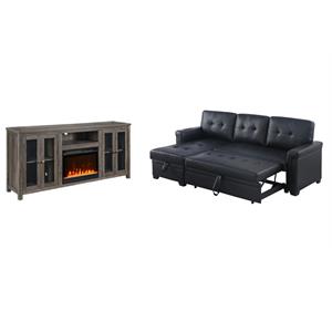 Pemberly Row Living Room Set of 2 Leather Sleeper Sofa and Fireplace TV Console