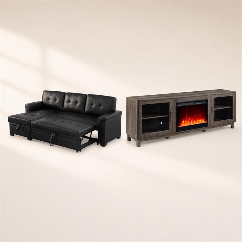 Pemberly Row Living Room Set of 2 Leather Sleeper Sofa and Fireplace TV Console