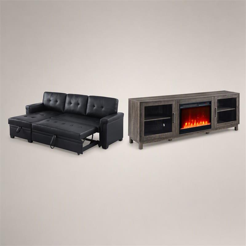 Pemberly Row Living Room Set of 2 Leather Sleeper Sofa and Fireplace TV Console