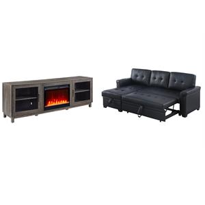 Pemberly Row Living Room Set of 2 Leather Sleeper Sofa and Fireplace TV Console