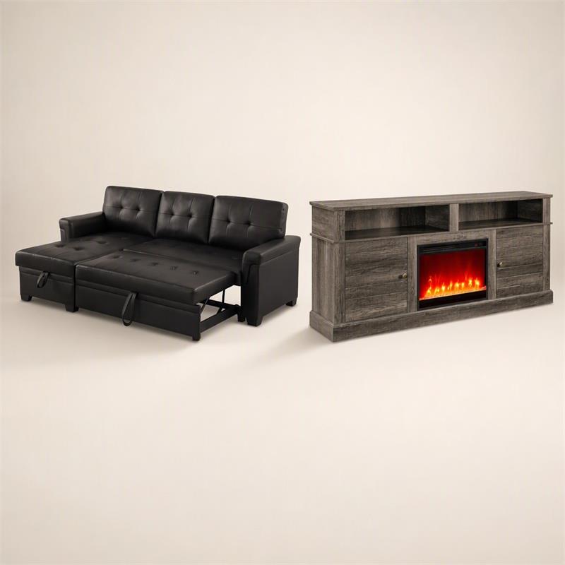 Pemberly Row Living Room Set of 2 Leather Sleeper Sofa and Fireplace TV Console