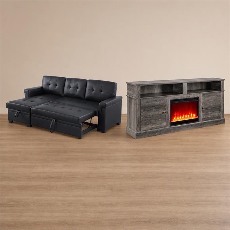 Pemberly Row Living Room Set of 2 Leather Sleeper Sofa and Fireplace TV Console