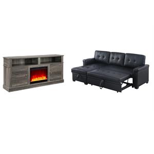 Pemberly Row Living Room Set of 2 Leather Sleeper Sofa and Fireplace TV Console