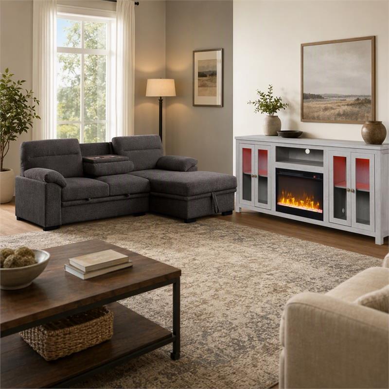 Pemberly Row Living Room Set of 2 Fireplace TV Stand & Sleeper Sectional Sofa