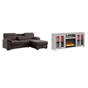 Pemberly Row Living Room Set of 2 Fireplace TV Stand & Sleeper Sectional Sofa