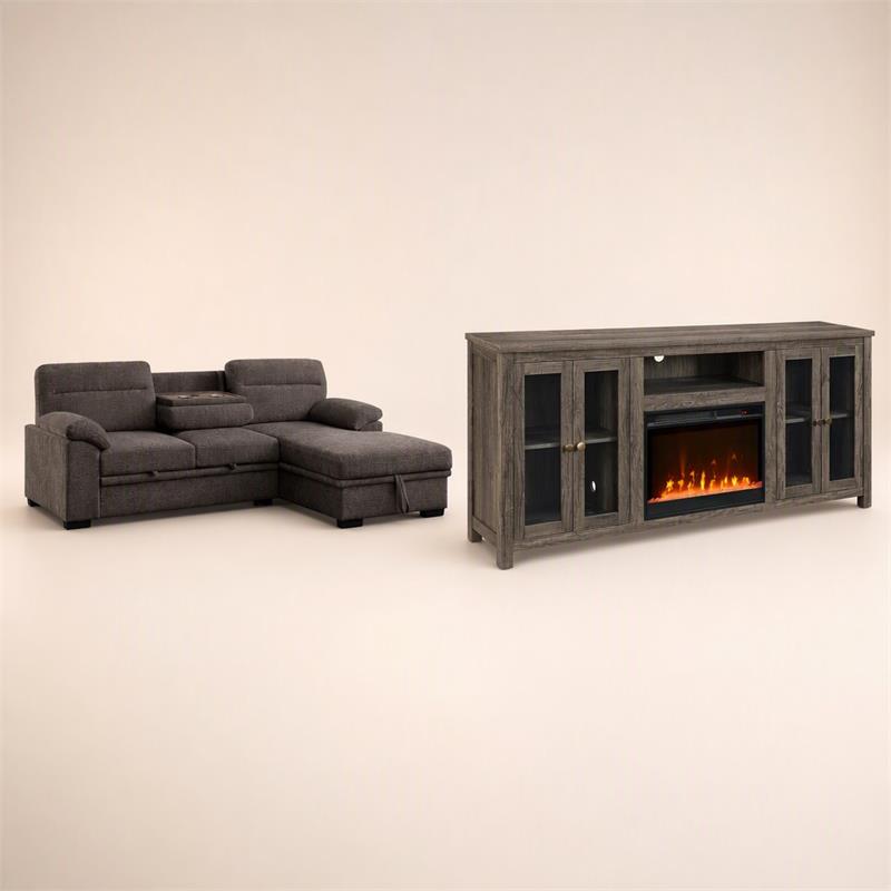 Pemberly Row Living Room Set of 2 Fireplace TV Stand & Sleeper Sectional Sofa