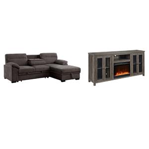 Pemberly Row Living Room Set of 2 Fireplace TV Stand & Sleeper Sectional Sofa