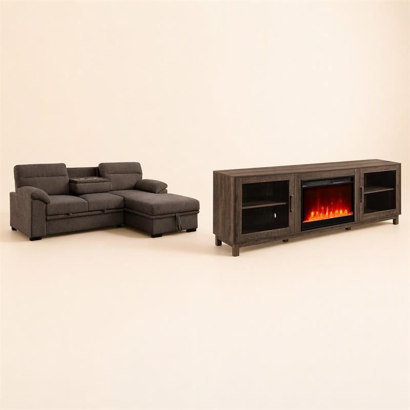 Pemberly Row Living Room Set of 2 Fireplace TV Stand & Sleeper Sectional Sofa