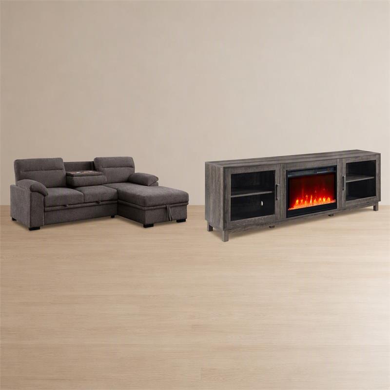Pemberly Row Living Room Set of 2 Fireplace TV Stand & Sleeper Sectional Sofa
