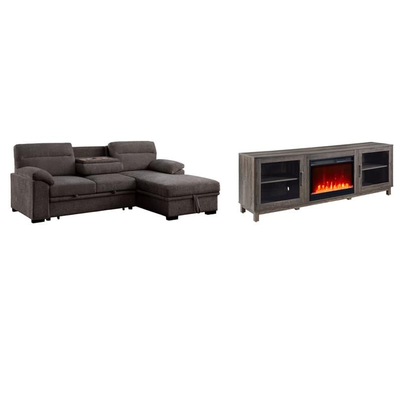 Pemberly Row Living Room Set of 2 Fireplace TV Stand & Sleeper Sectional Sofa