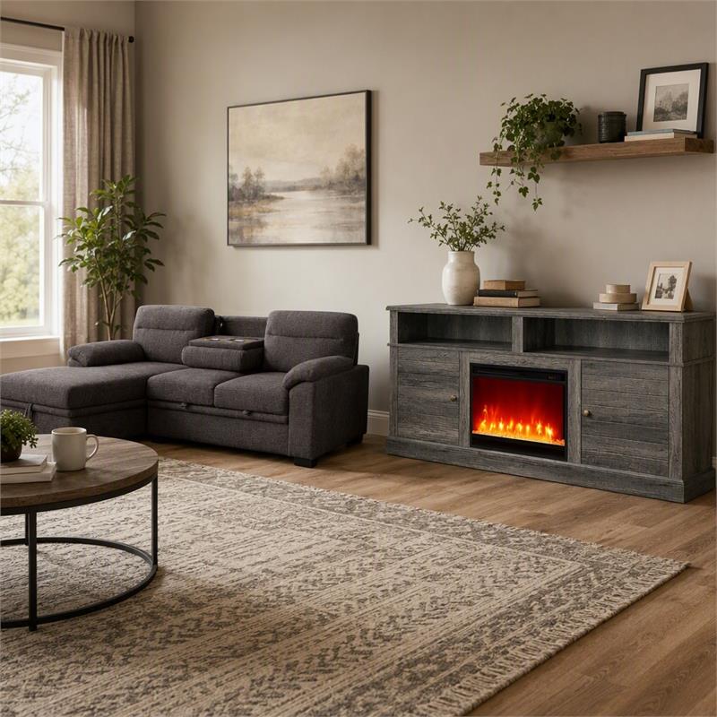 Pemberly Row Living Room Set of 2 Fireplace TV Stand & Sleeper Sectional Sofa