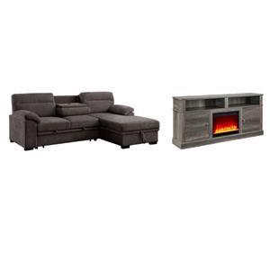 Pemberly Row Living Room Set of 2 Fireplace TV Stand & Sleeper Sectional Sofa