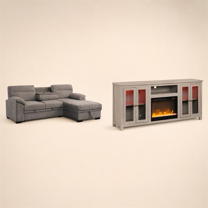 Pemberly Row Living Room Set of 2 Fireplace TV Stand & Sleeper Sectional Sofa