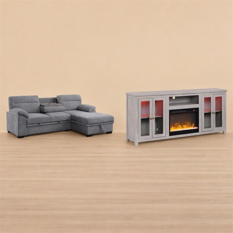 Pemberly Row Living Room Set of 2 Fireplace TV Stand & Sleeper Sectional Sofa