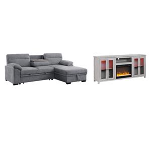 Pemberly Row Living Room Set of 2 Fireplace TV Stand & Sleeper Sectional Sofa