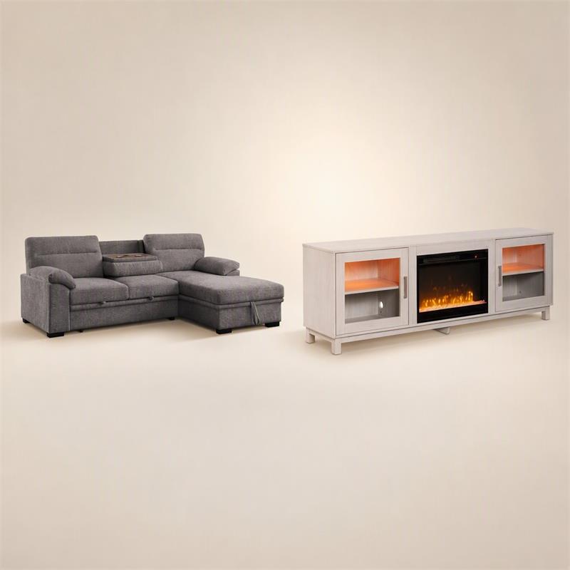 Pemberly Row Living Room Set of 2 Fireplace TV Stand & Sleeper Sectional Sofa
