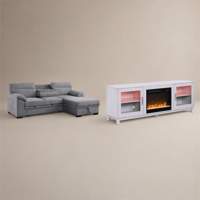 Pemberly Row Living Room Set of 2 Fireplace TV Stand & Sleeper Sectional Sofa