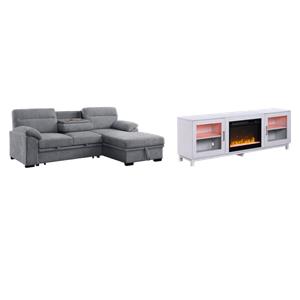 Pemberly Row Living Room Set of 2 Fireplace TV Stand & Sleeper Sectional Sofa