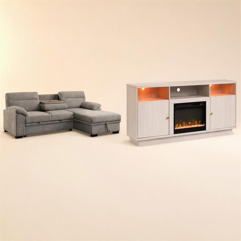 Pemberly Row Living Room Set of 2 Fireplace TV Stand & Sleeper Sectional Sofa