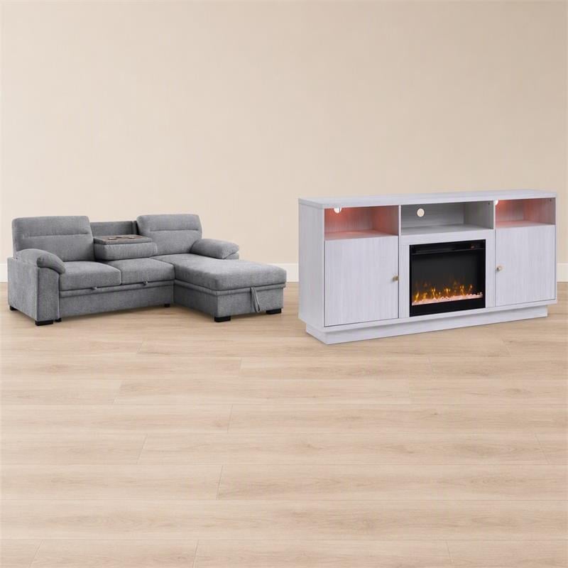 Pemberly Row Living Room Set of 2 Fireplace TV Stand & Sleeper Sectional Sofa