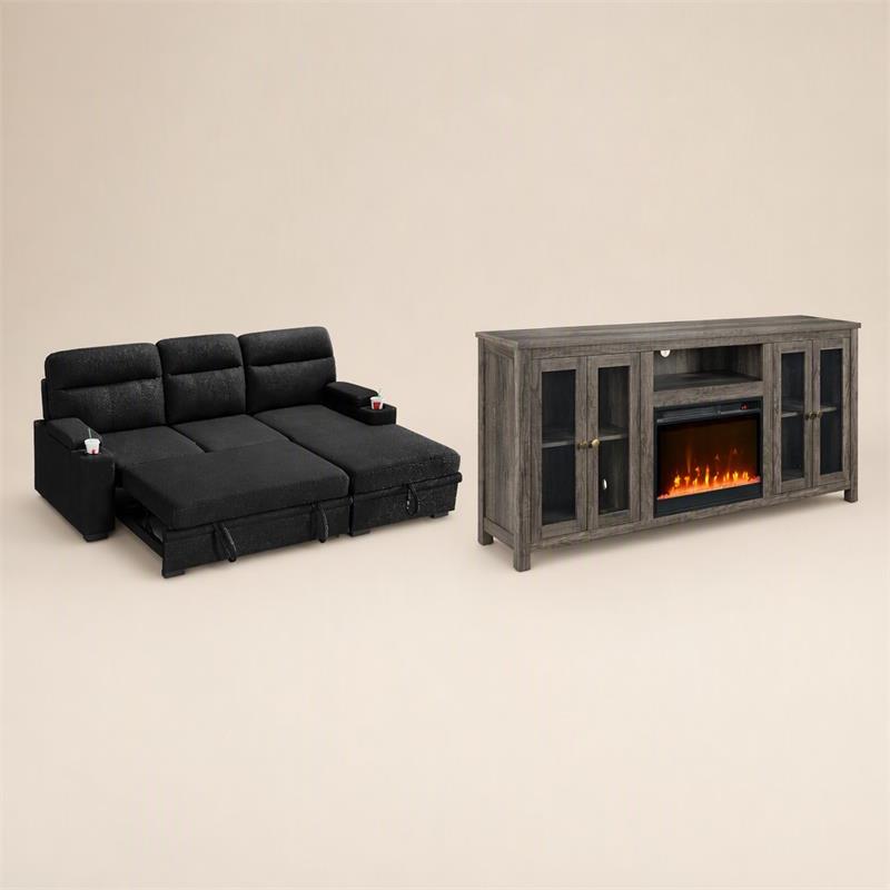 Pemberly Row Set of 2 Fireplace TV Console and Black Sleeper Sectional Sofa