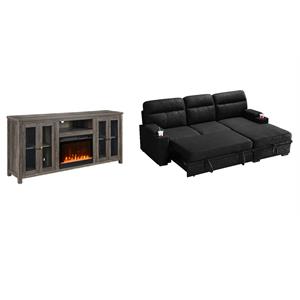 Pemberly Row Set of 2 Fireplace TV Console and Black Sleeper Sectional Sofa
