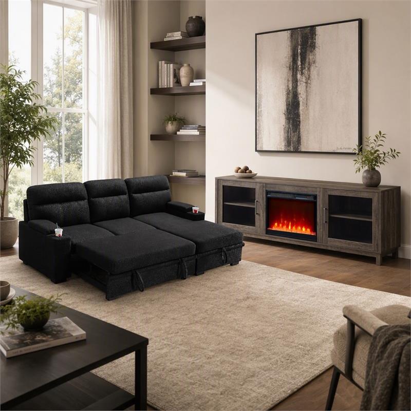 Pemberly Row Set of 2 Fireplace TV Console and Black Sleeper Sectional Sofa