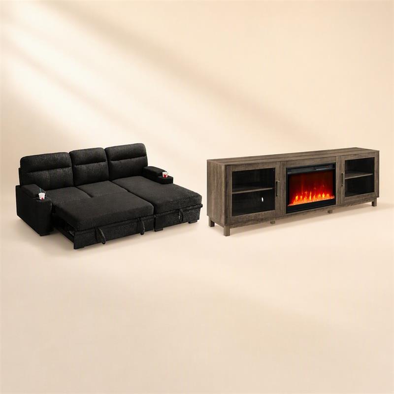 Pemberly Row Set of 2 Fireplace TV Console and Black Sleeper Sectional Sofa