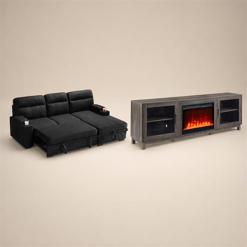 Pemberly Row Set of 2 Fireplace TV Console and Black Sleeper Sectional Sofa
