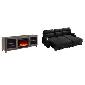 Pemberly Row Set of 2 Fireplace TV Console and Black Sleeper Sectional Sofa