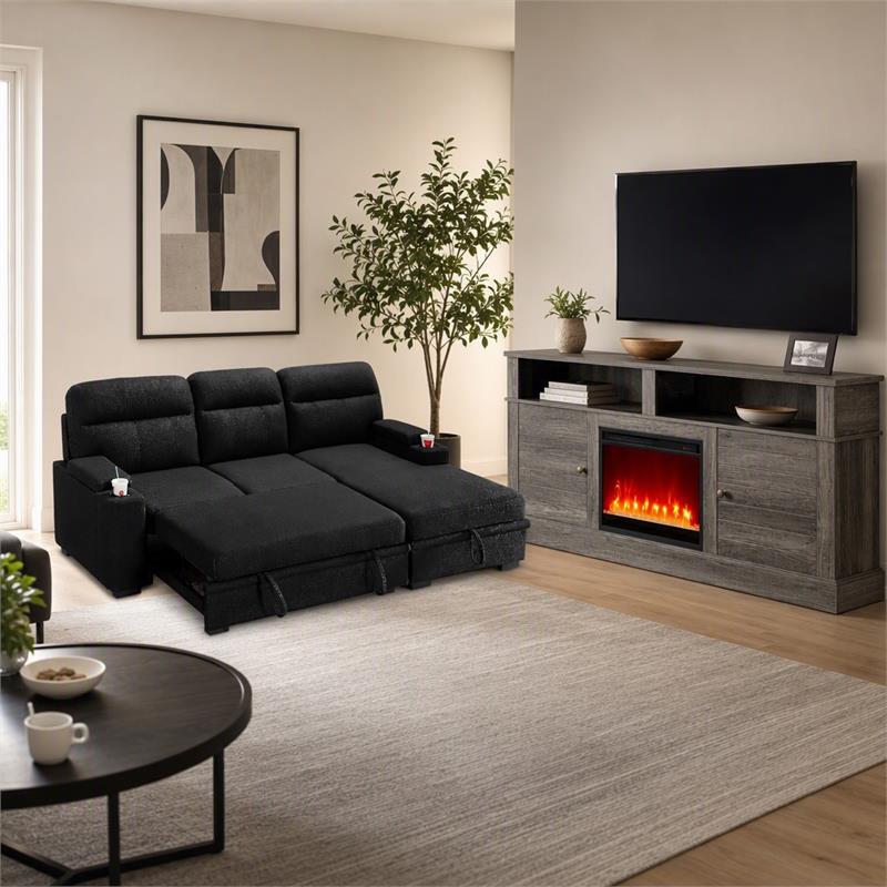 Pemberly Row Set of 2 Fireplace TV Console and Black Sleeper Sectional Sofa