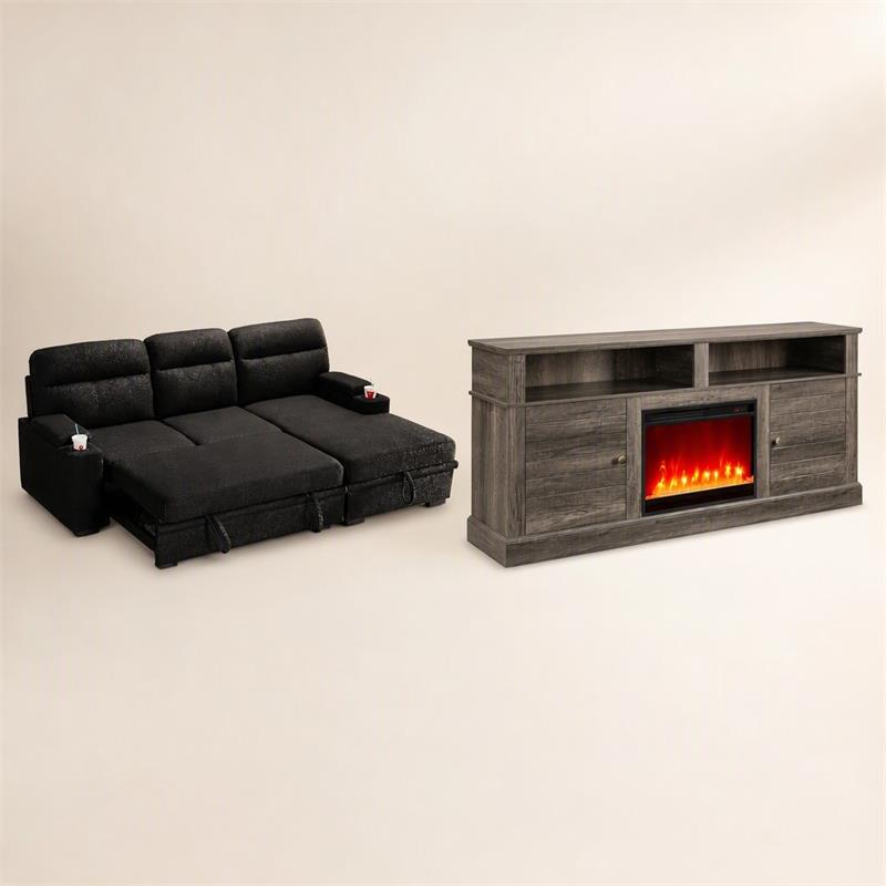 Pemberly Row Set of 2 Fireplace TV Console and Black Sleeper Sectional Sofa